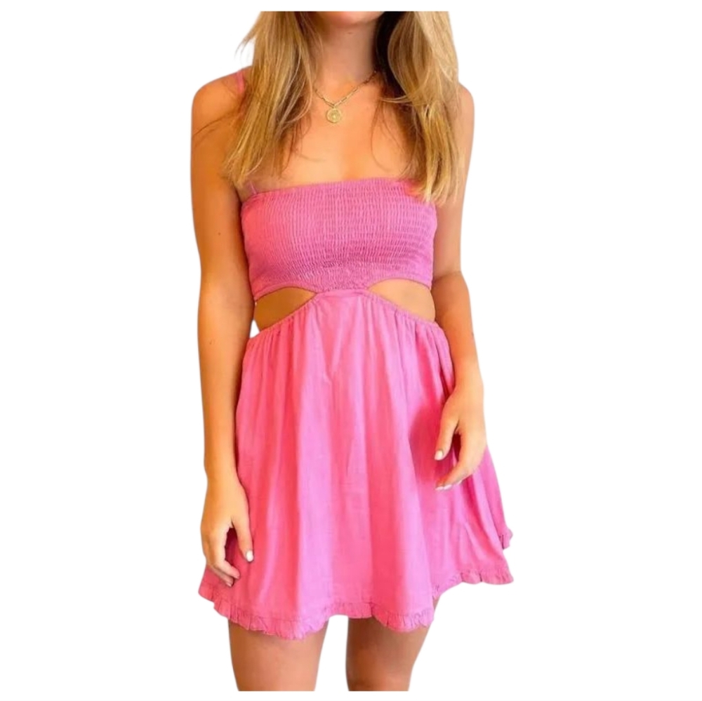 Victoria + Sophia Linen Blend Summer Dress in Pink Size *Small-*6 Ruffle Hem